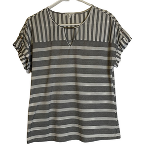 AVA JAMES Striped Short Sleeve Tee, Women’s L, White Grey
